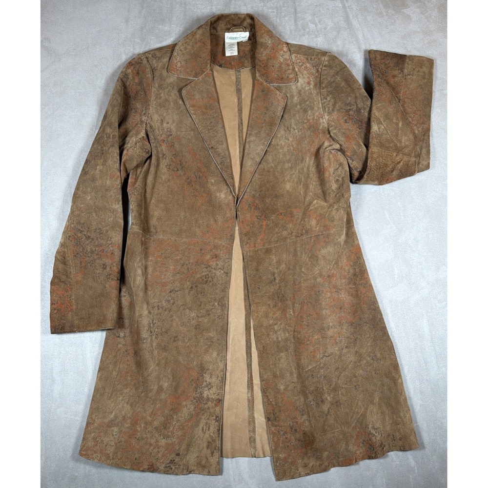 Coldwater Creek Women's XS Leather Duster Coat Brown Floral Tooled Long Jacket